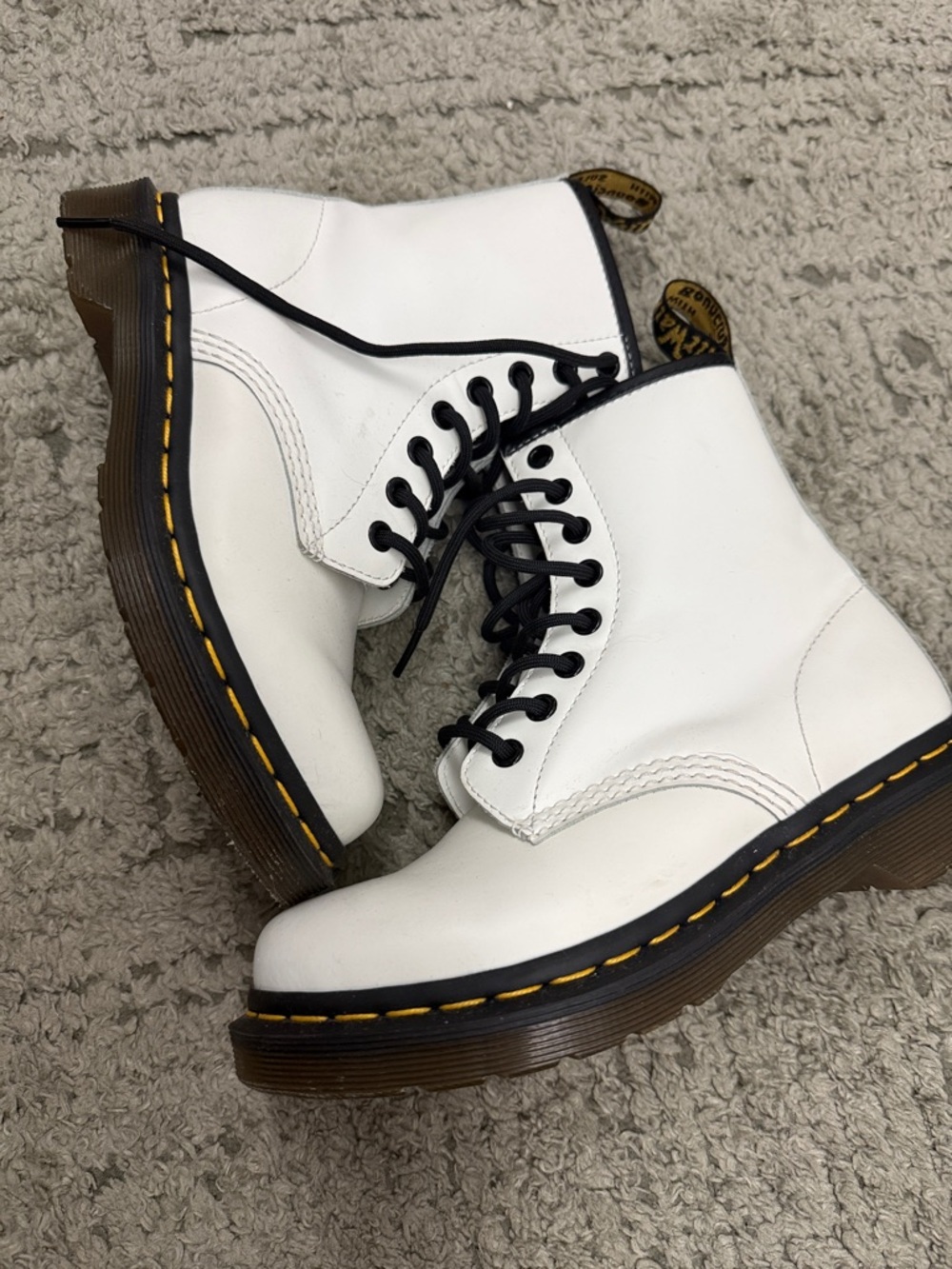 White Leather 8-Eye Lace-Up Boots with Yellow Stitching